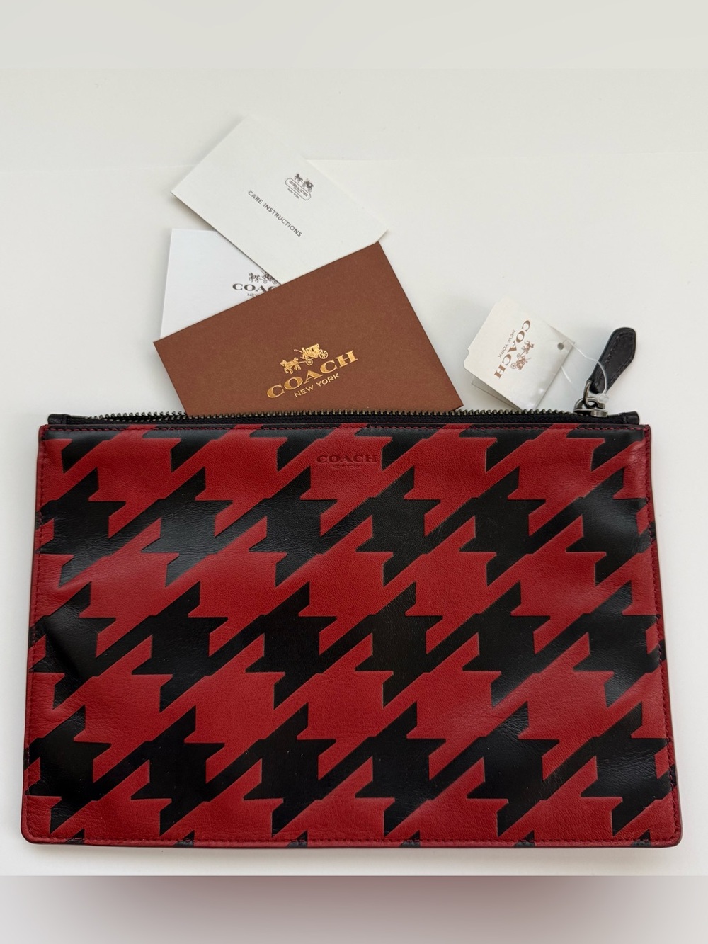COACH Red Currant & Black Houndstooth 100% Leather Zip Pouch Travel Office